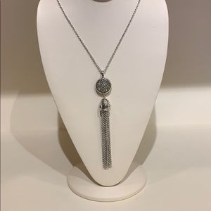 Silver Tone Long Tassel Necklace with Druzy Stone